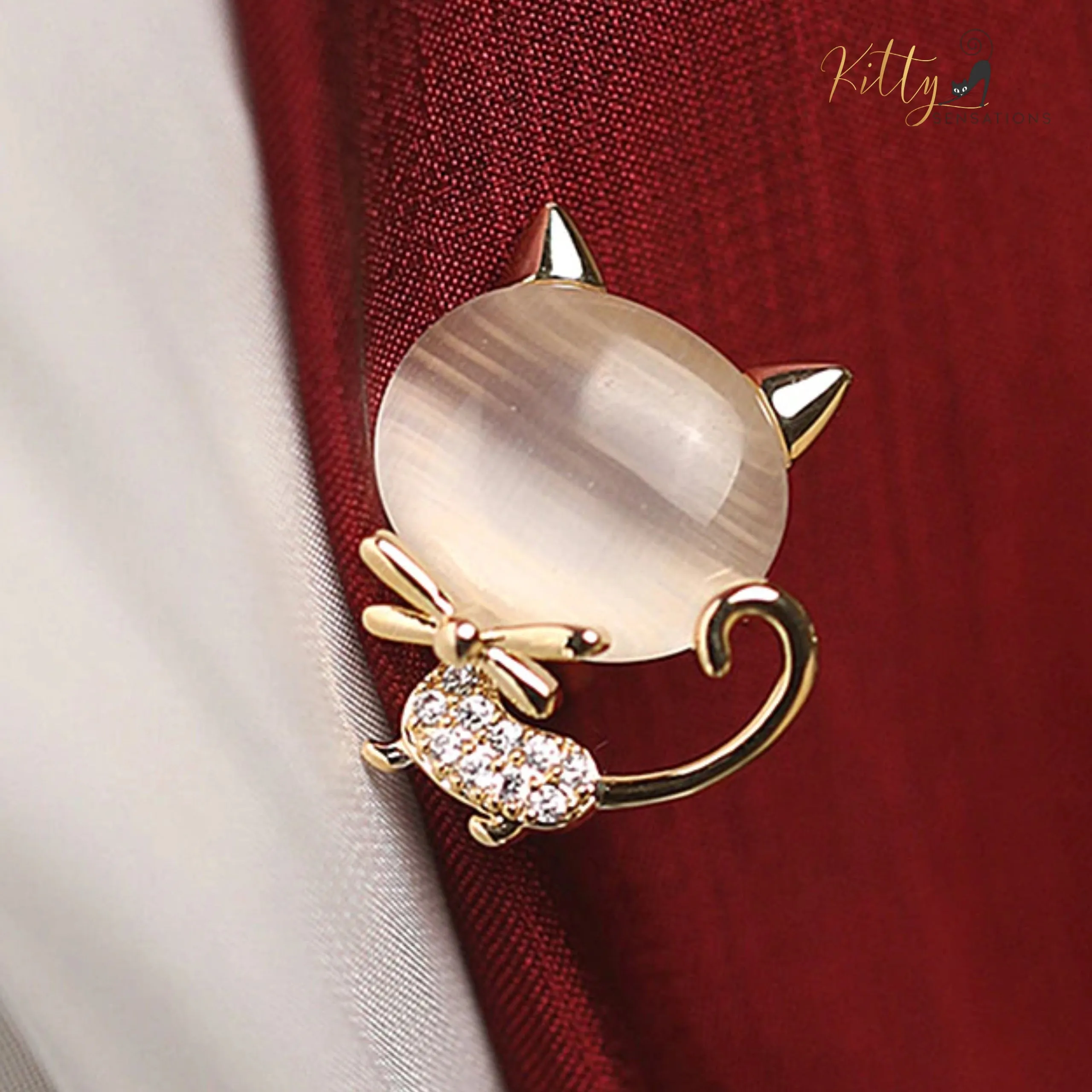 Natural Opal Bow Cat CZ Brooch/Lapel Pin