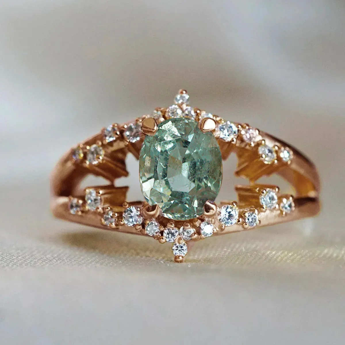 One Of A Kind: Celestial Seafoam Tourmaline Diamond Ring in 14K and 18K Gold