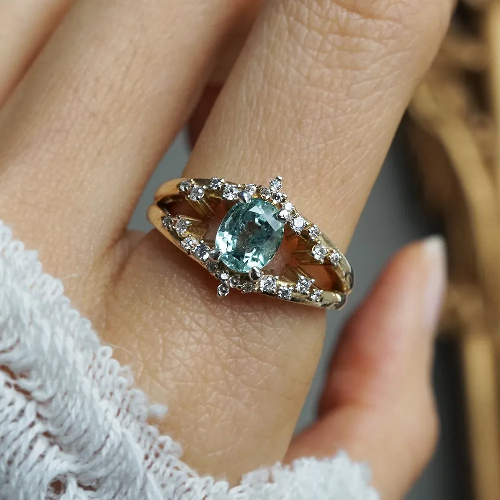 One Of A Kind: Celestial Seafoam Tourmaline Diamond Ring in 14K and 18K Gold