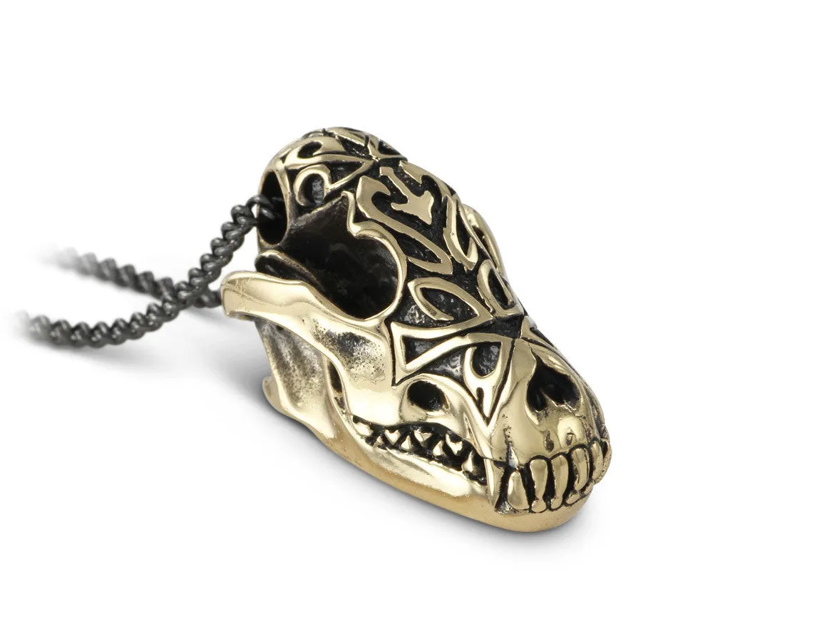 Ornate Wolf Skull Necklace - Bronze