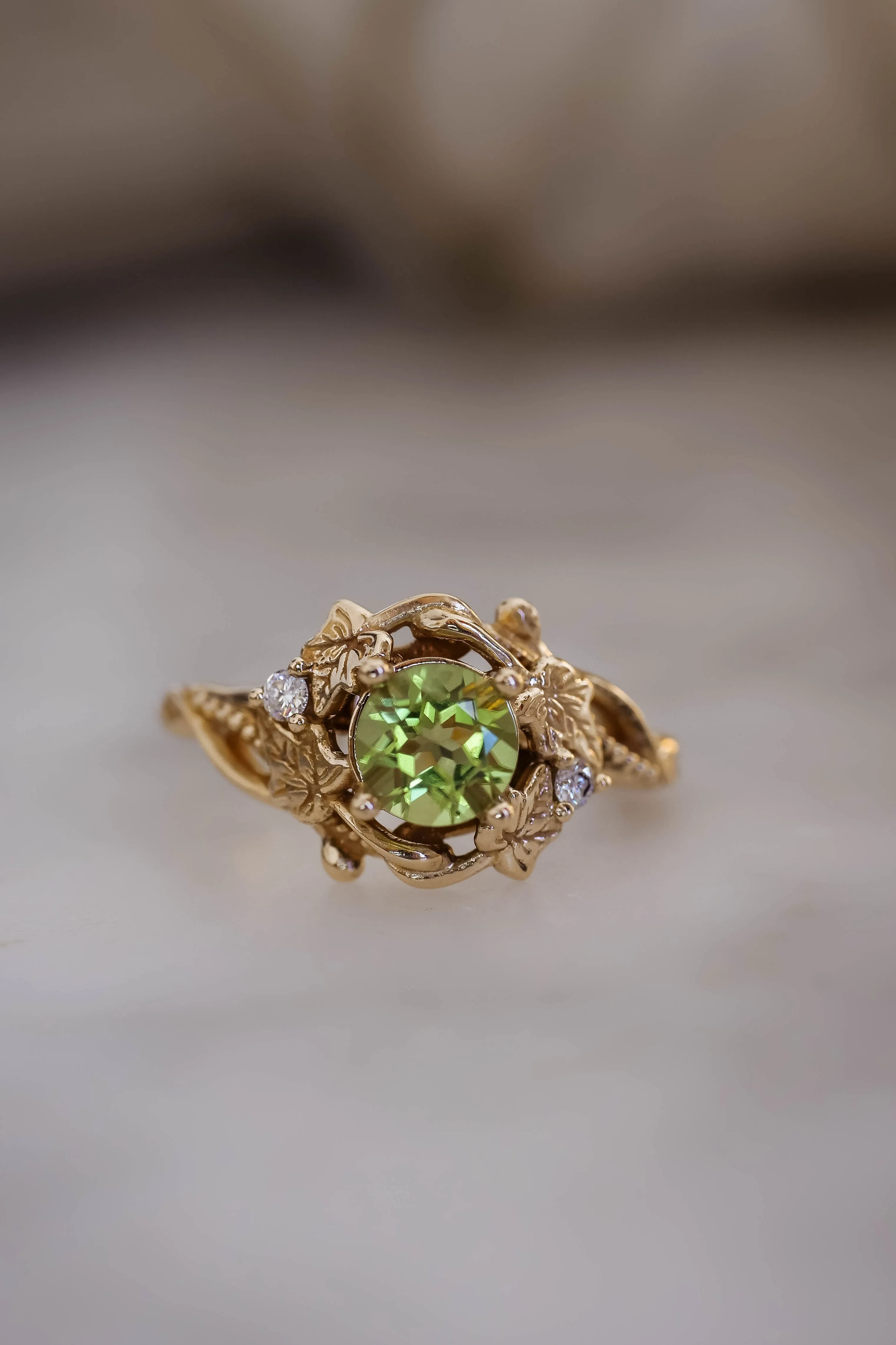 Peridot engagement ring with diamonds / Ivy Undina