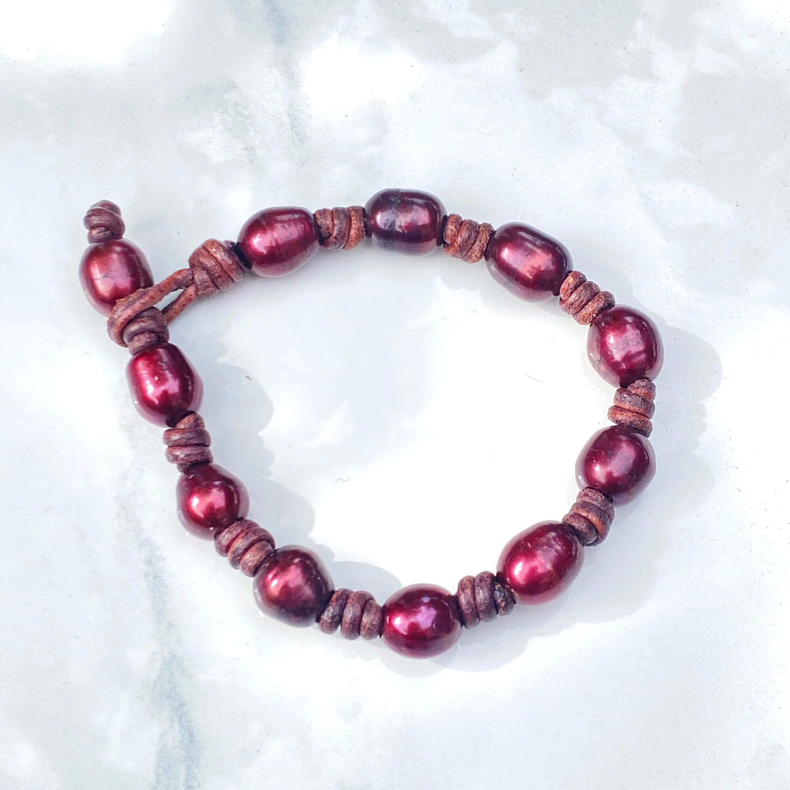 Red Pearl and Leather Bracelet