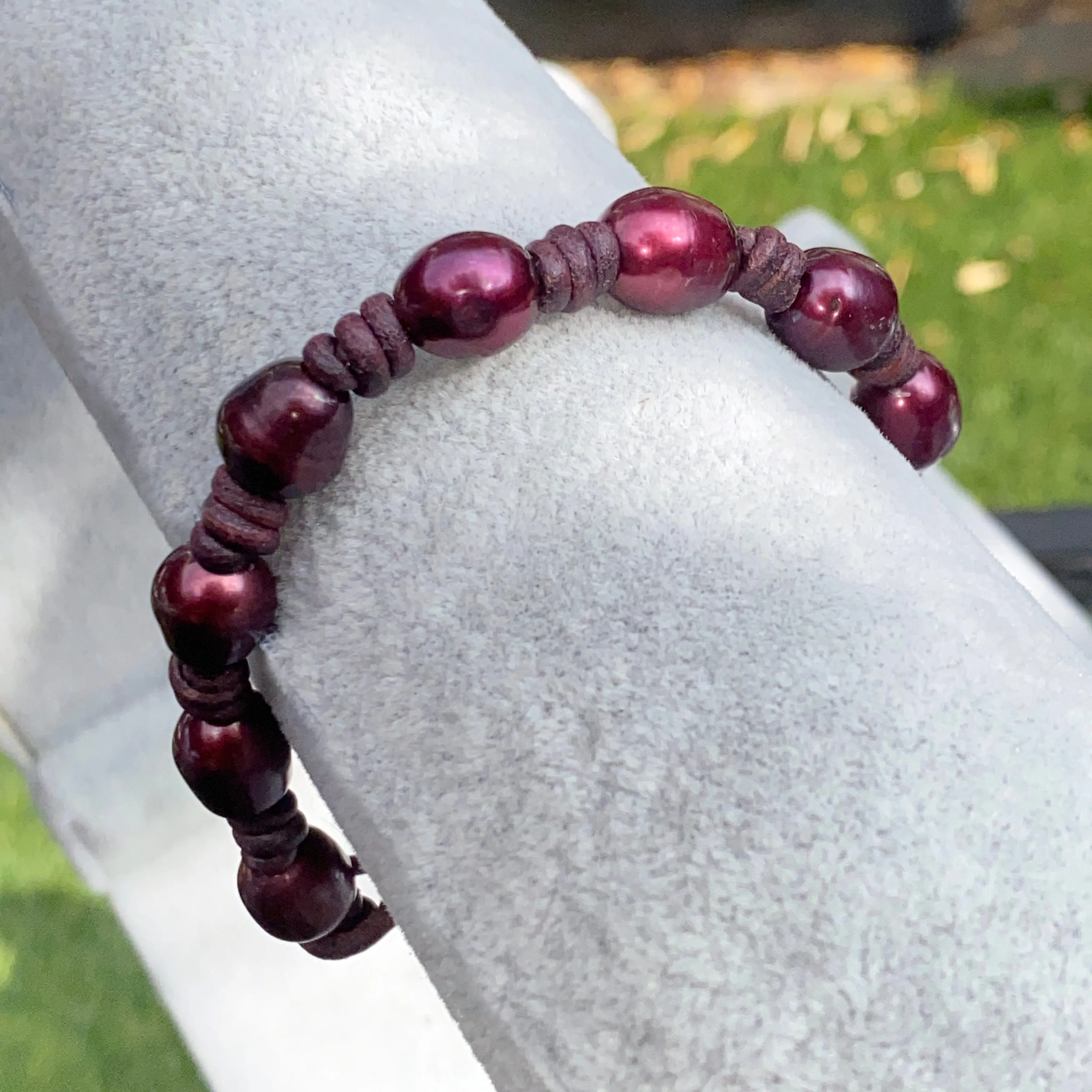 Red Pearl and Leather Bracelet