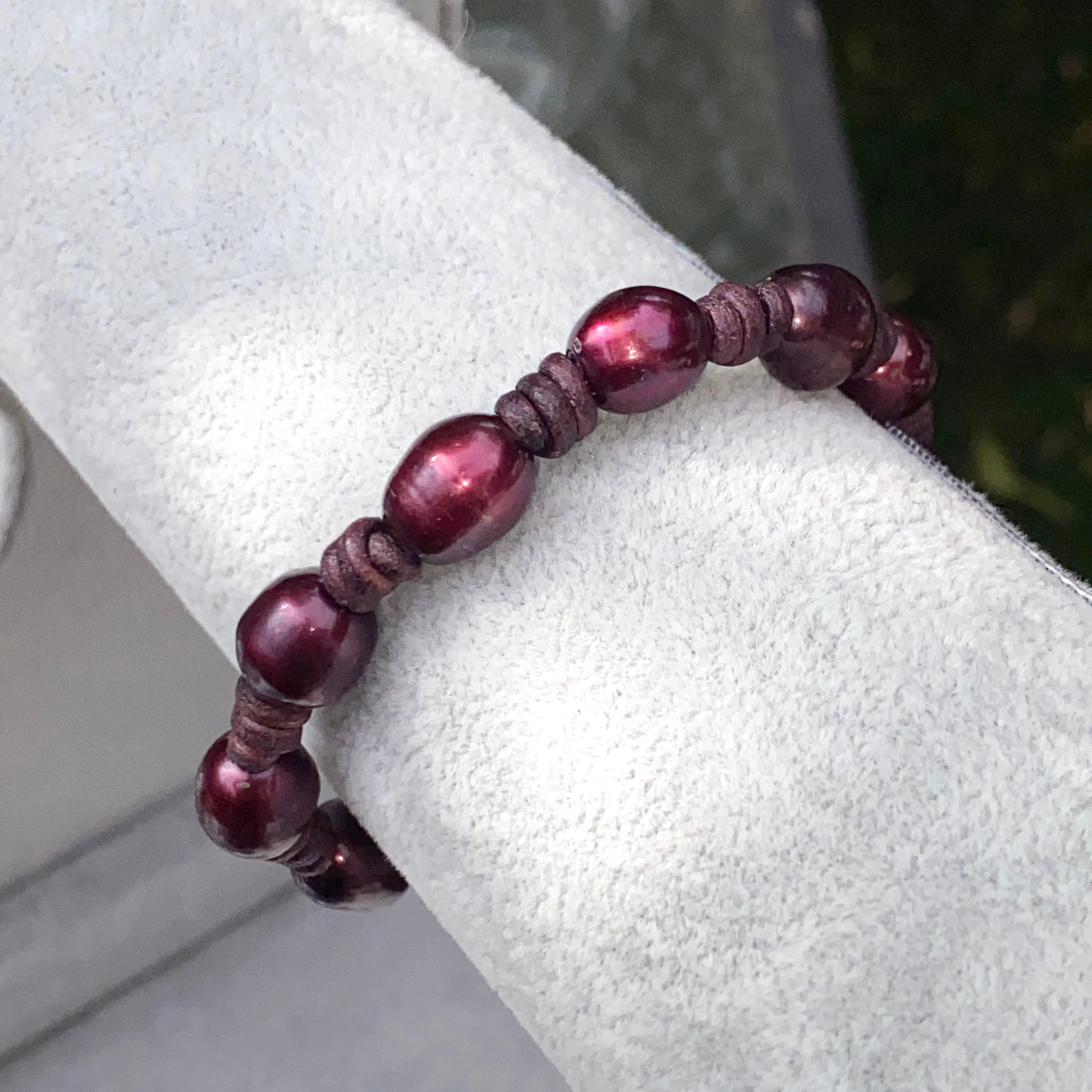 Red Pearl and Leather Bracelet