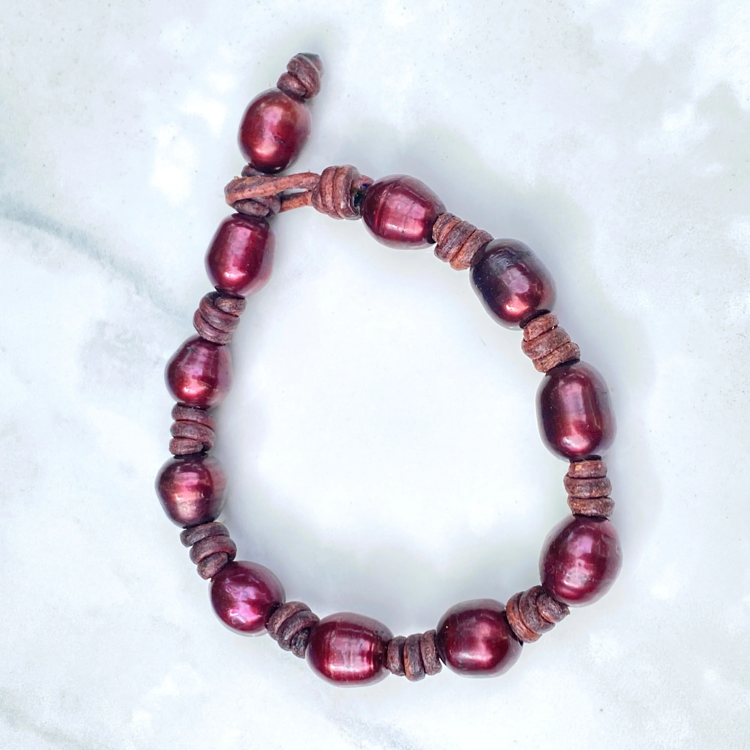 Red Pearl and Leather Bracelet