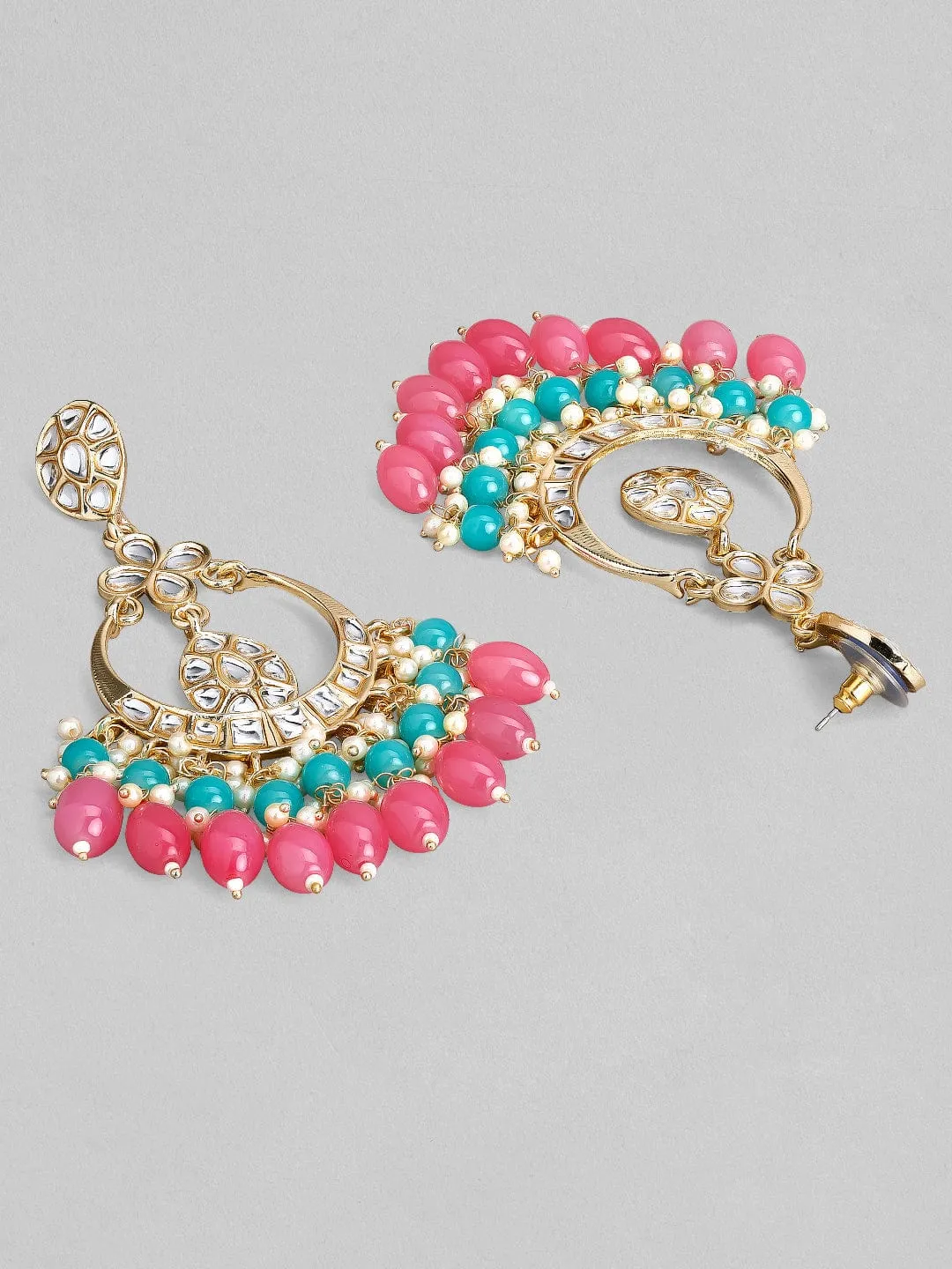 Rubans Gold Plated Handcrafted  Kundan Studded Pink And Blue Beaded Chandbali Earrings