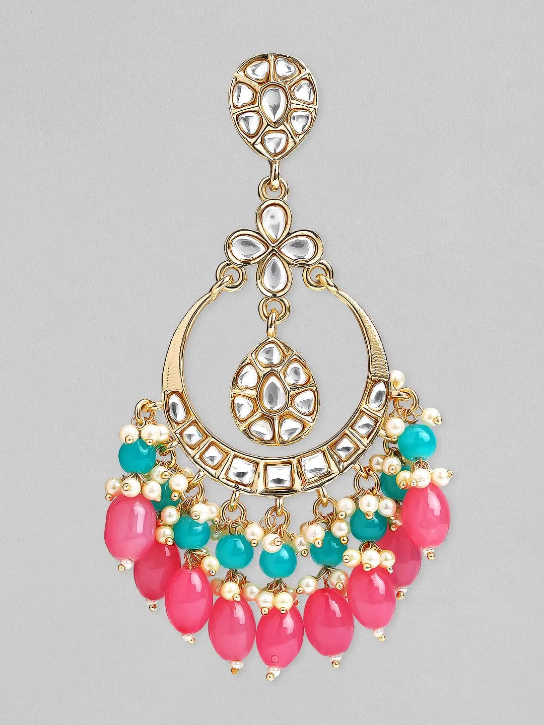 Rubans Gold Plated Handcrafted  Kundan Studded Pink And Blue Beaded Chandbali Earrings