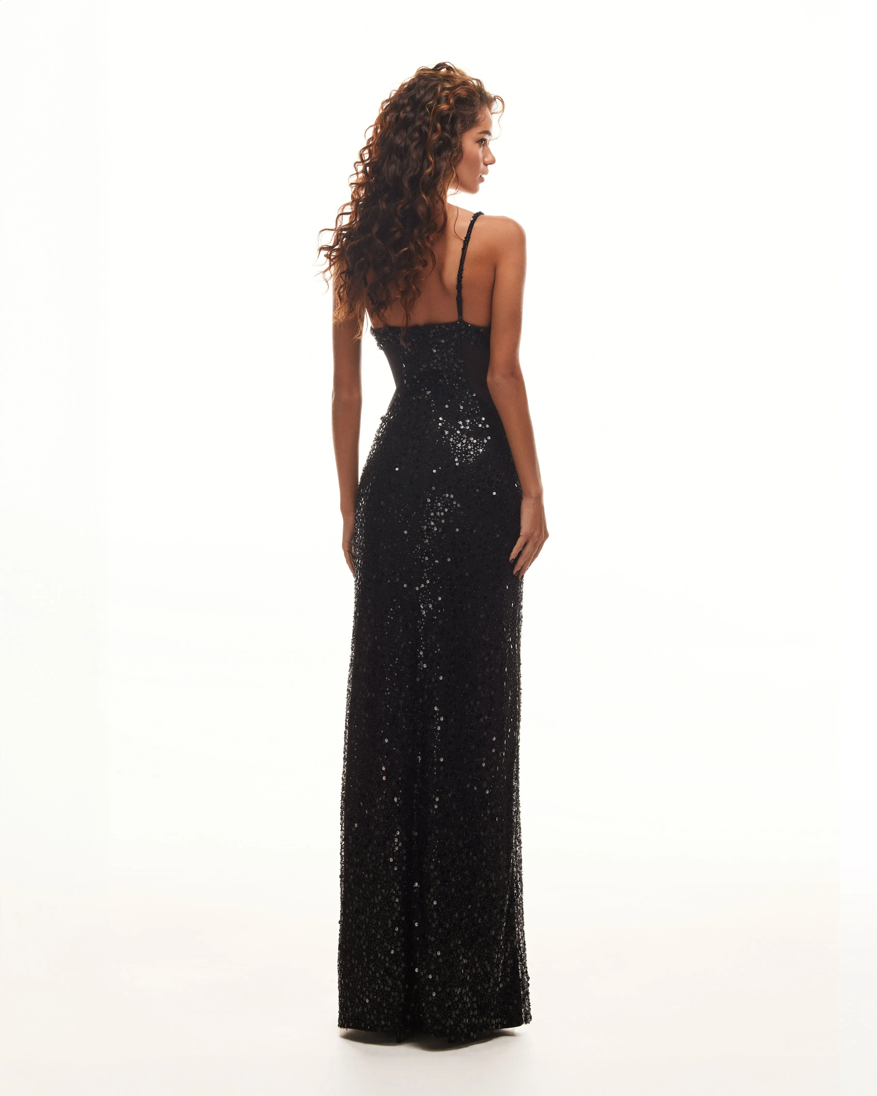 Sexy spaghetti straps black maxi covered in sequins, Smoky Quartz