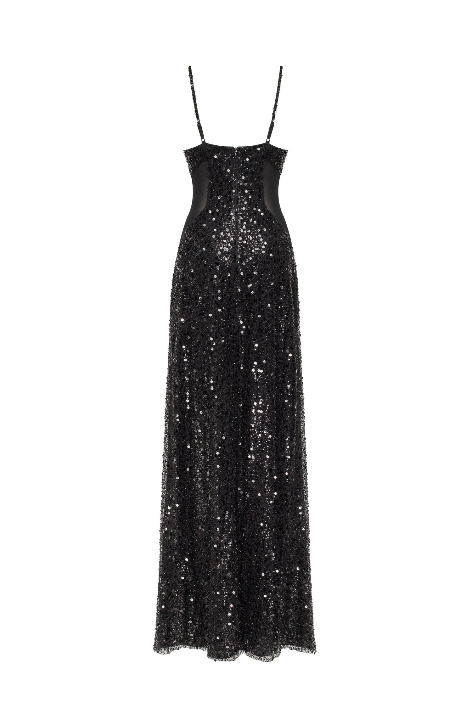 Sexy spaghetti straps black maxi covered in sequins, Smoky Quartz