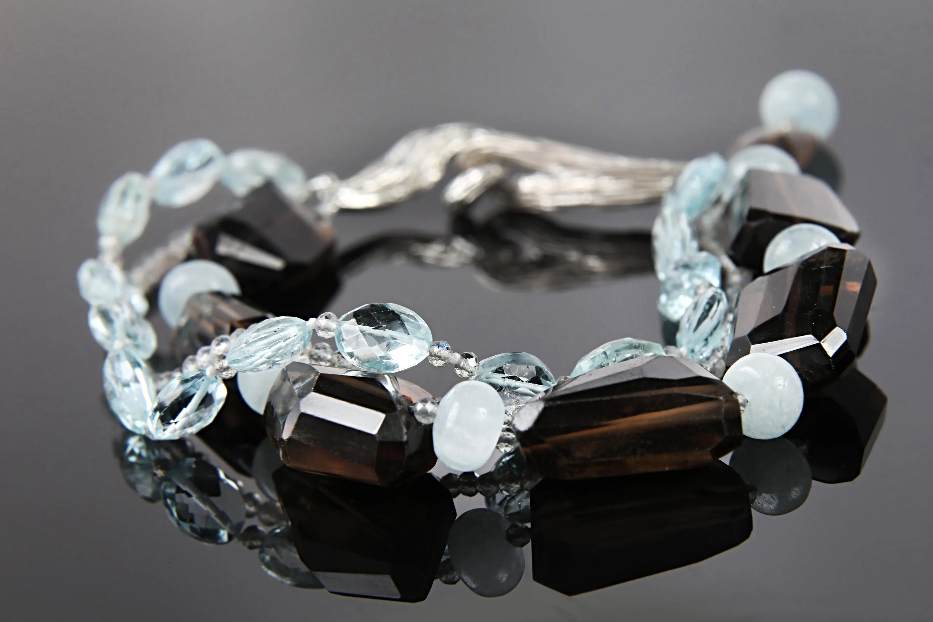 Smoky Quartz, Aquamarine, Hypersthene, and Silver Bracelet