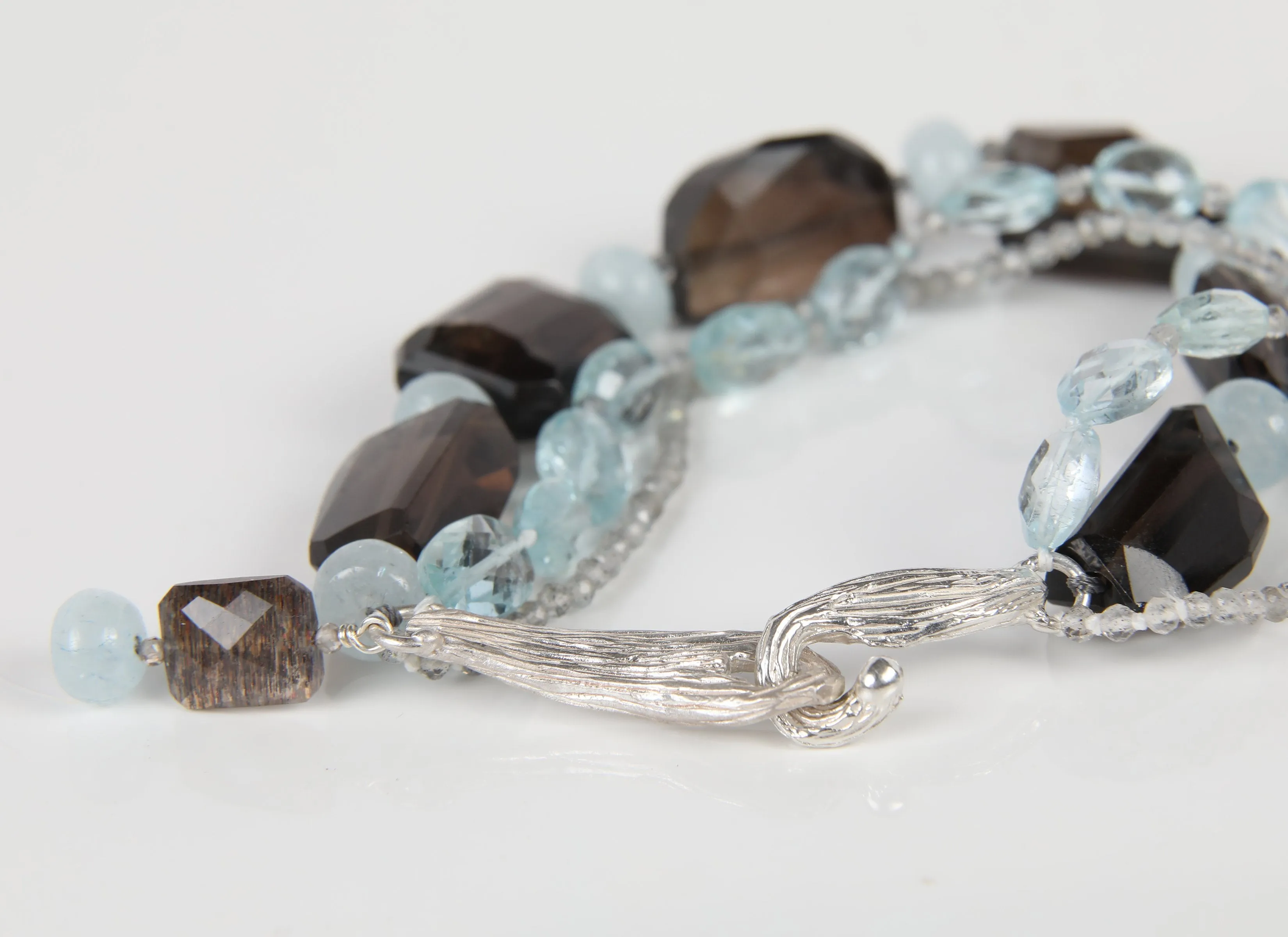 Smoky Quartz, Aquamarine, Hypersthene, and Silver Bracelet