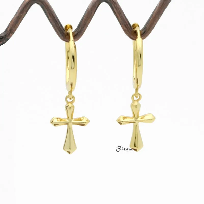 Sterling Silver Huggie Hoop Earrings with Dangle Cross - Gold