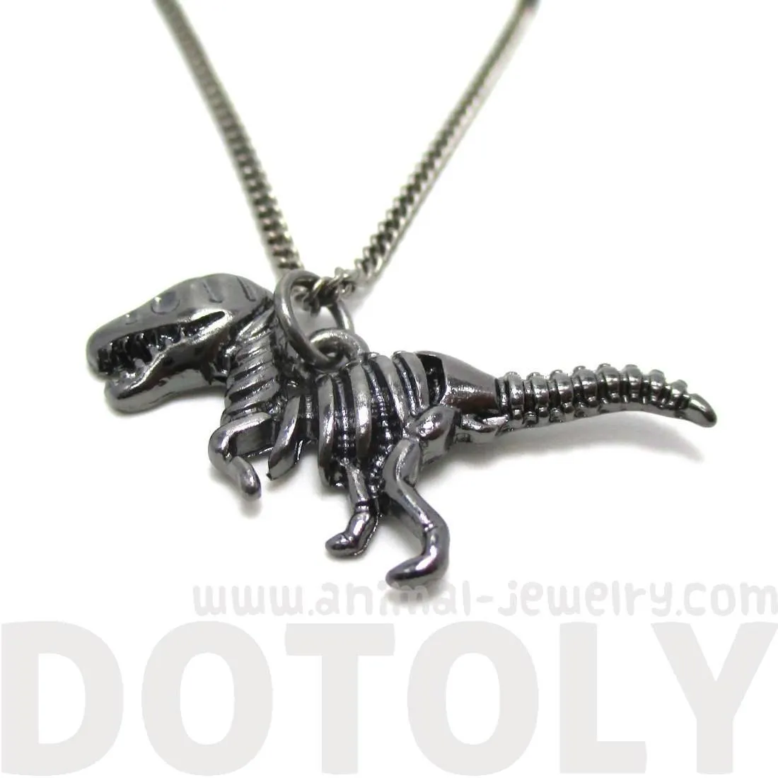 T Rex Dinosaur Skeleton Fossil Animal Bones Pendant Necklace in Silver