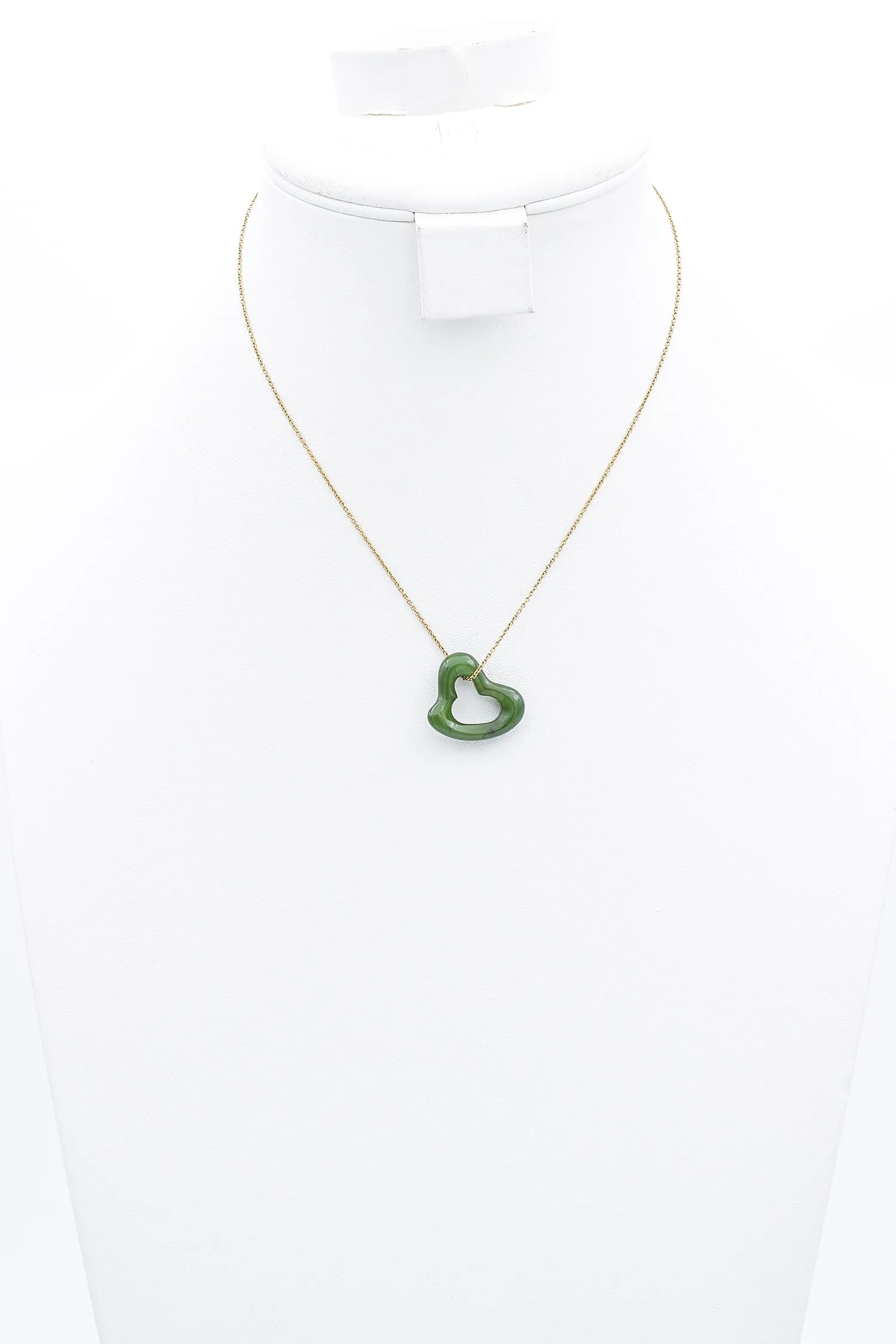 Tiffany & Co. Peretti 18K Yellow Gold Green Jade Open Heart Pendant Necklace