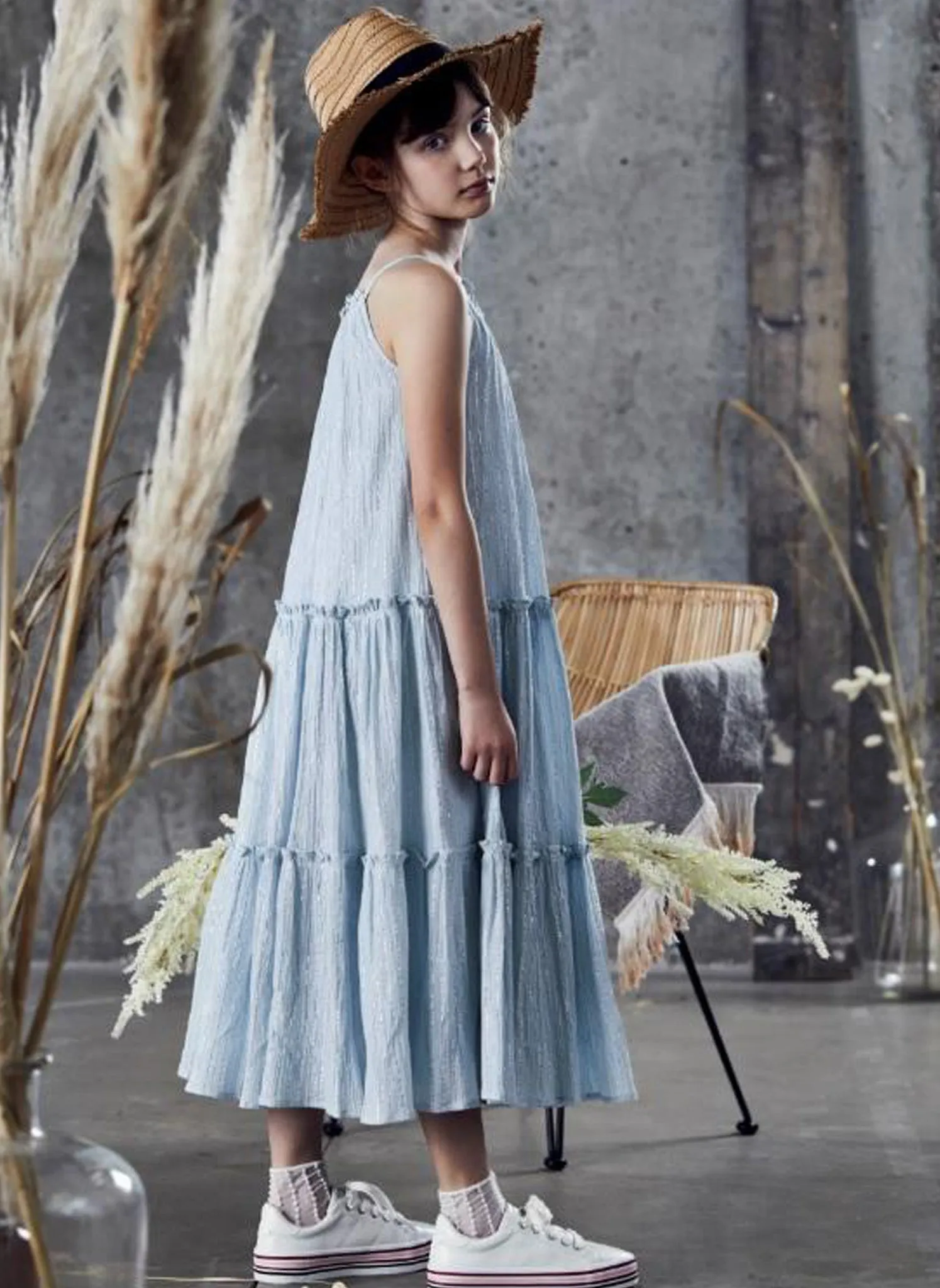 Ujala Tiered Maxi Dress in Ice Blue Lurex