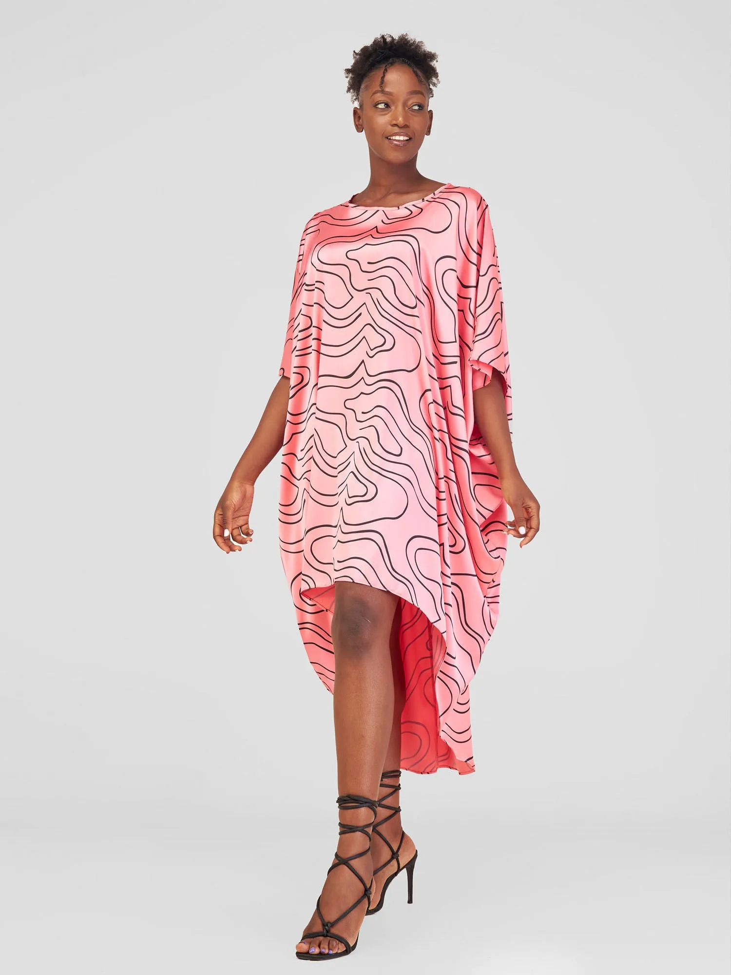 Vivo Lani Satin High Low Dress - Pink / Black Hini Print