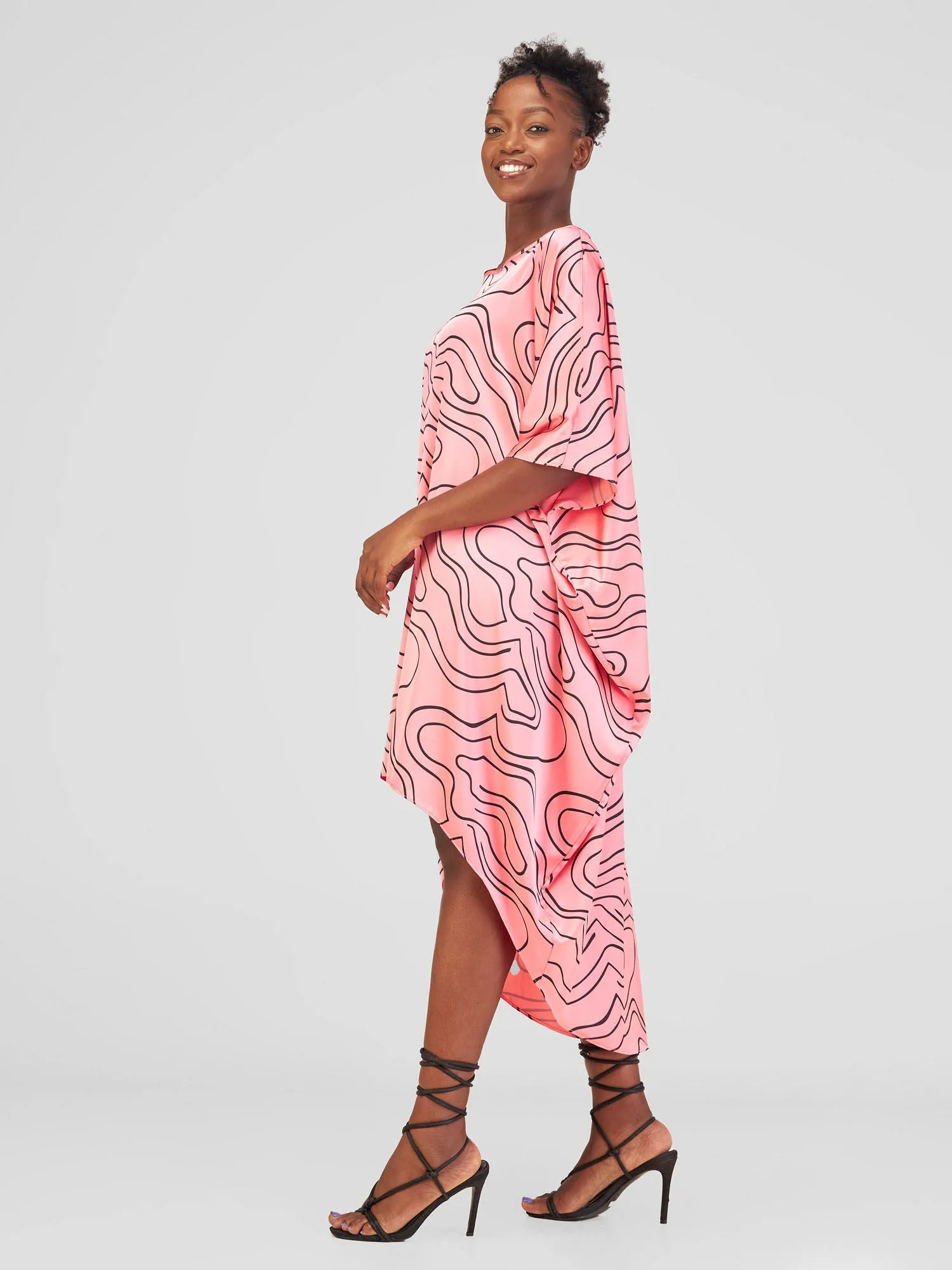 Vivo Lani Satin High Low Dress - Pink / Black Hini Print